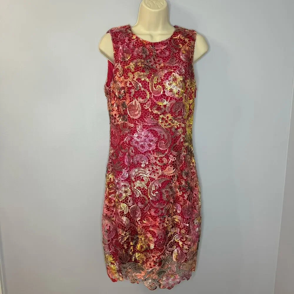 Belle Badgley Mischka Lace Pink Floral Ombre Dress Women's 8 - Picture 2 of 13